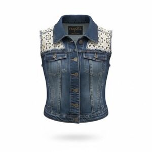 Rue21 Dark Wash Denim Vest Ivory Lace Panels Sleeveless Jean‎ Jacket L